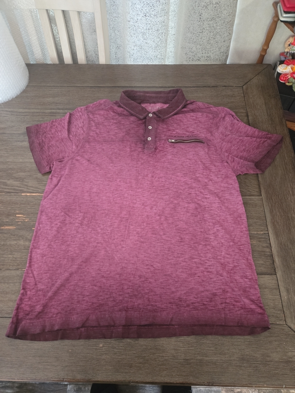 Guess Jeans Men's Romo Washed Slub Polo Shirt Burgundy Red Zip Pocket Size XXL